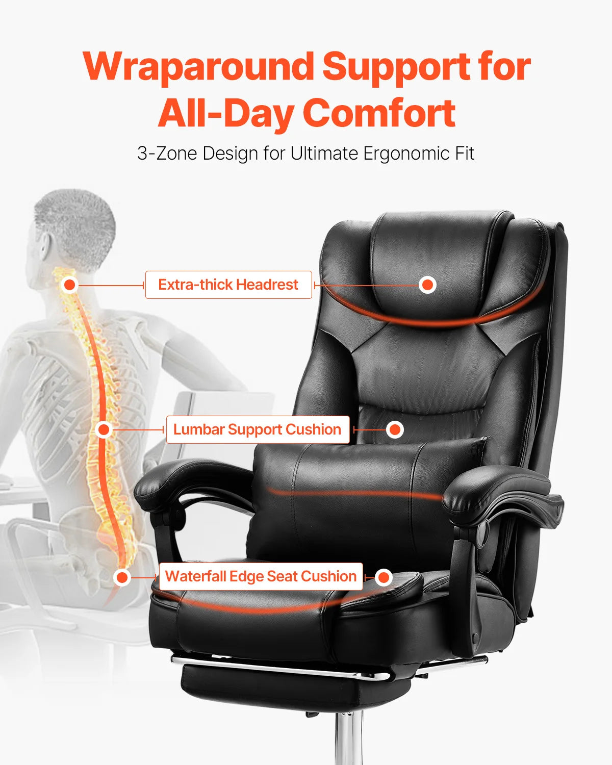 Ergonomisk kontorstol med vippefunktion, fodstøtte og 300 lb bæreevne