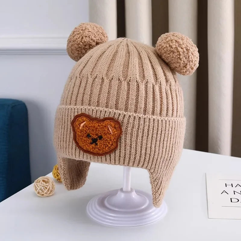 Baby wool hat cute bear ear protection hat children winter thickened warm knitted Korean version of the baby hat 
