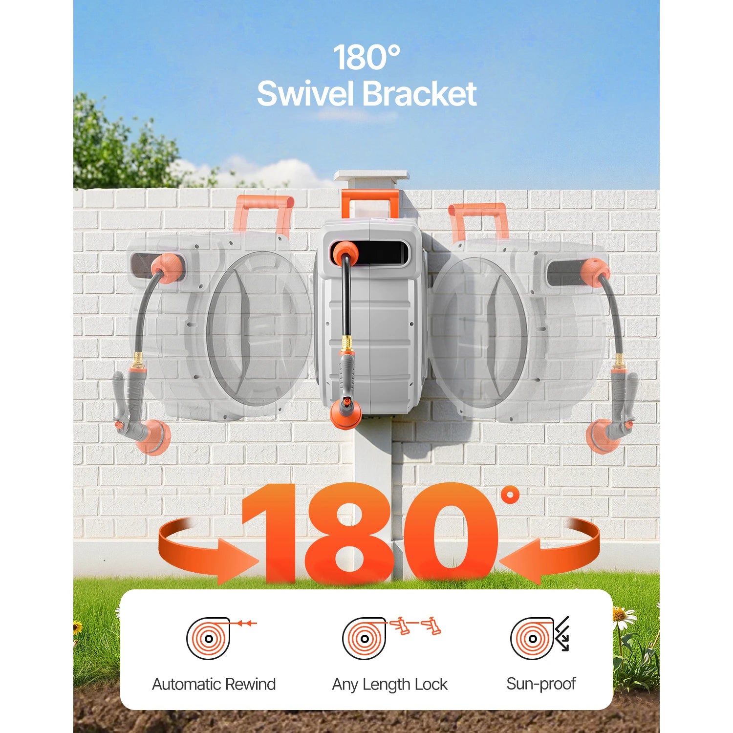 SucceBuy Entreador de Mangueira Retrátil de Jardim 5/8 polegadas x 30,48 m com Niple Rotativo de 9 Padrões, Sistema de Retorno Lento Atualizado e Suporte com Giratório de 180°