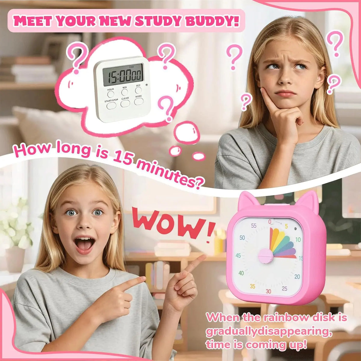 Visual Timer for Kids, 60-Minute Countdown Dial, Pink or Green