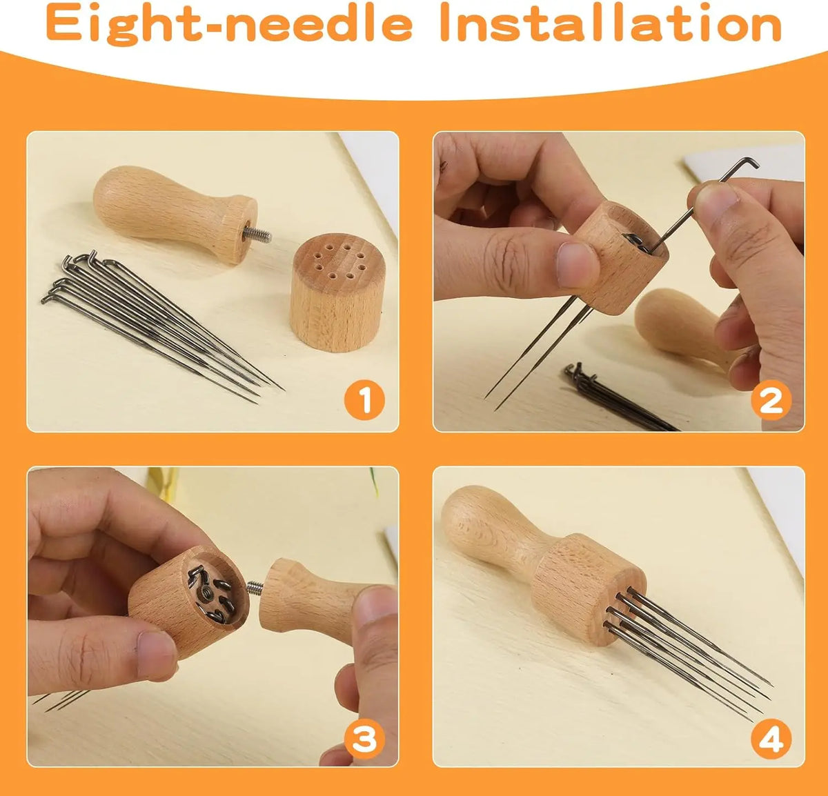 8-Needle Wooden Felting Tool with Finger Protectors