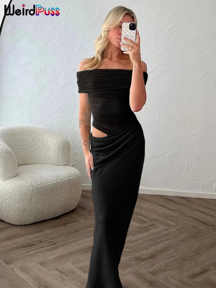 Weird Puss Ruched Irregular Dress Women Mesh Patchwork Slash Neck Short Sleeve Skinny Stretch Trend Elegant Long Bodycon Outfits 