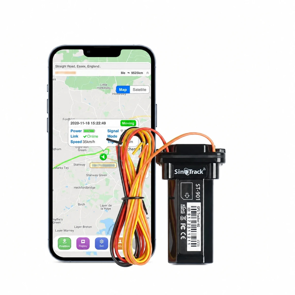 ST-901 GPS tracker with wiring harness and phone map illustration