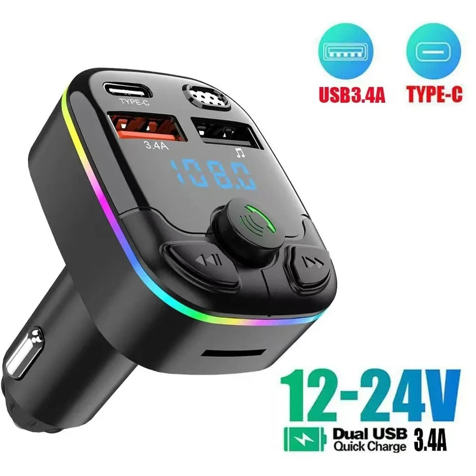 Car Charger Bluetooth 5.0 FM Transmitter PD Type-C Dual USB Ambient Player MP3 Charger Type-C Wireless Light Handsfree 
