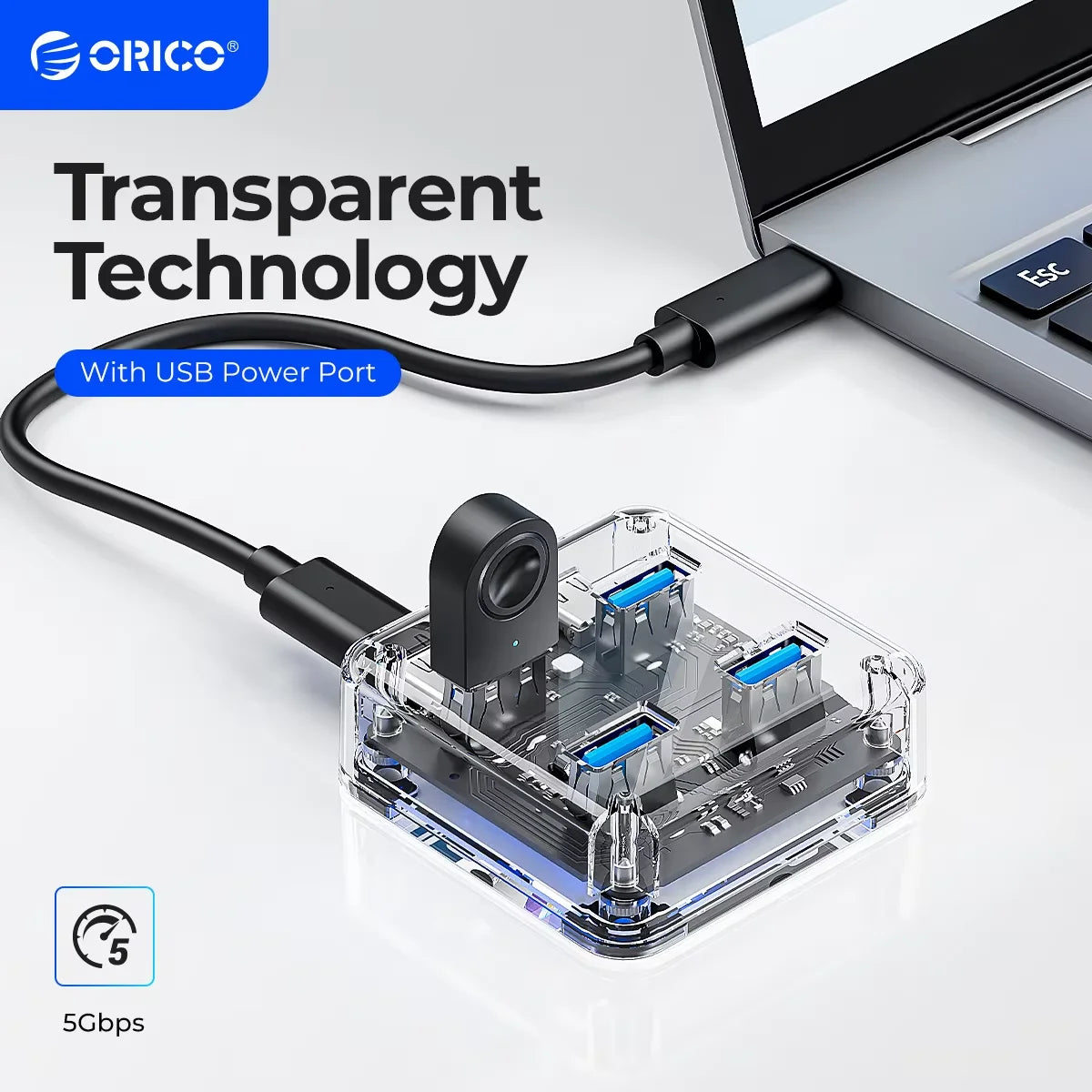 Transparent Four-Port USB Hub with Auxiliary Power Port