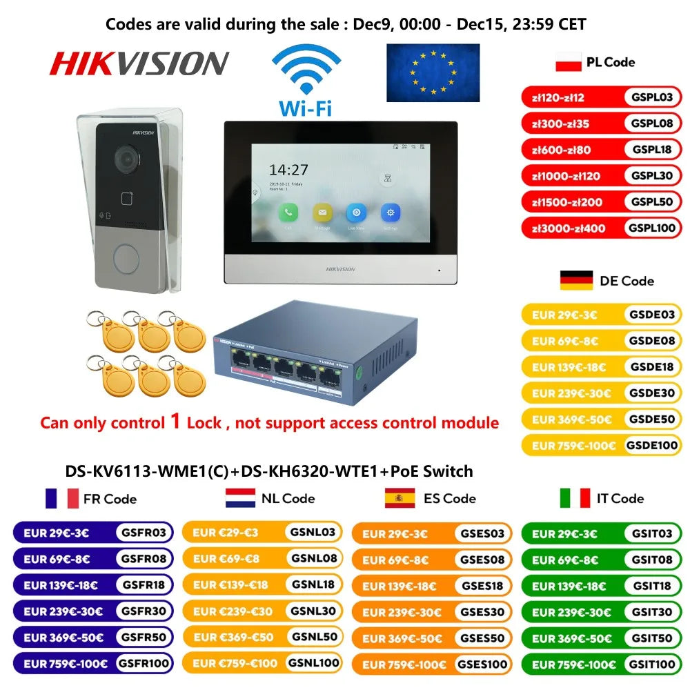 HIKVISION DS-KIS603-P(C) Multi-language 802.3af POE Video intercom KIT,include DS-KV6113-WPE1(C) & DS-KH6320-WTE1 & PoE Switch Spy-shop.com