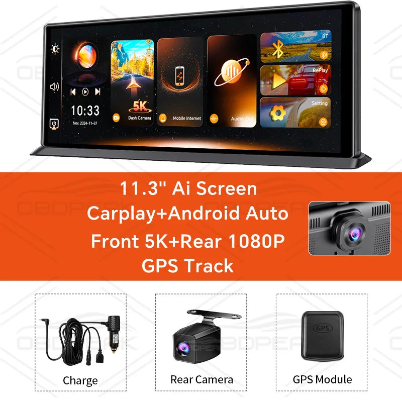 Front 5K Rear 1080P Dash Cam with 11.3-Inch Touch Screen and Night Vision