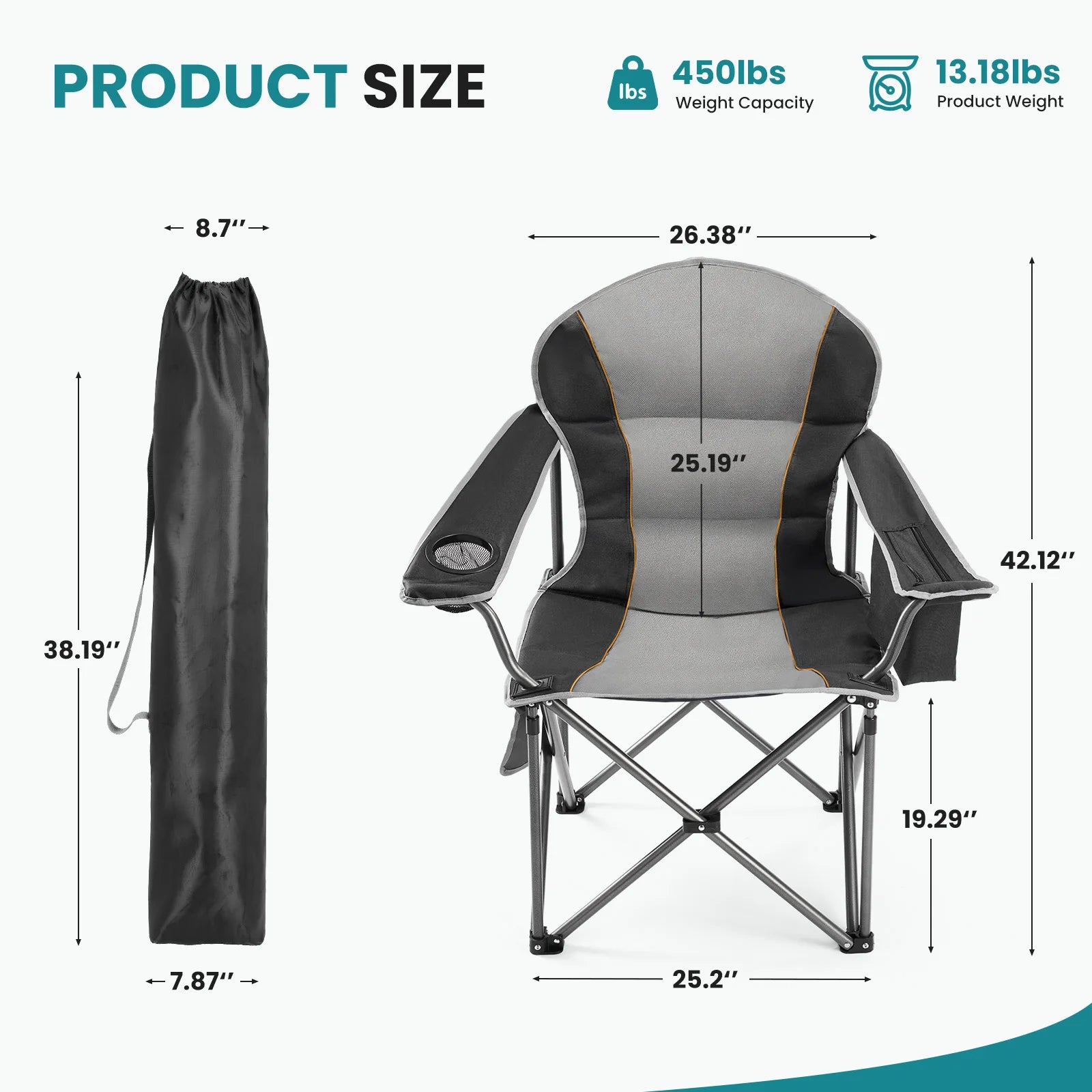 Chaise de camping robuste JHK capacité 450 lbs, chaise pliante portable avec porte-gobelet, cadre en acier solide, chaise d'extérieur pour camping