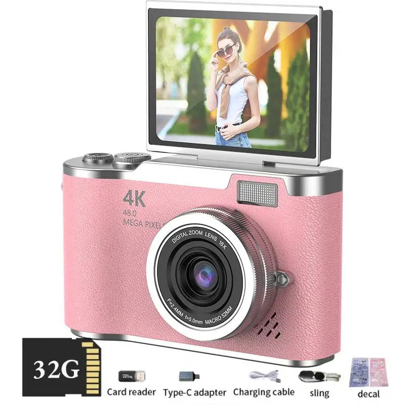 4K Digital Camera with 48MP, 8X Zoom, 180° Flip Screen, 32GB Card