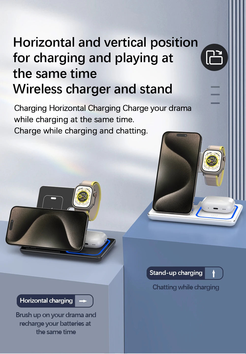 30W LED Fast Wireless Charger Stand 3 in 1 Foldable Charging Station For iPhone 15 14 13 12 11 Apple Watch 9 8 7 6 5 Airpods Pro 