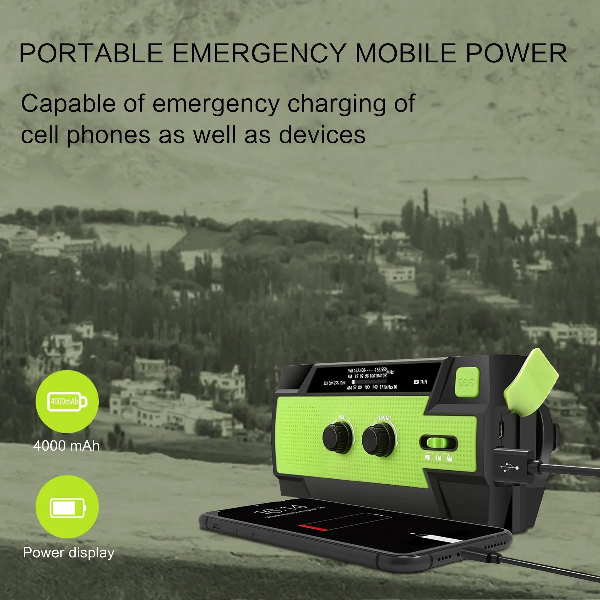 Weather Radio Emergency Multifunctional Radio FM AM WB Hand Crank Solar USB Charging 2000mAh Power Bank LED Flashlight Torch 