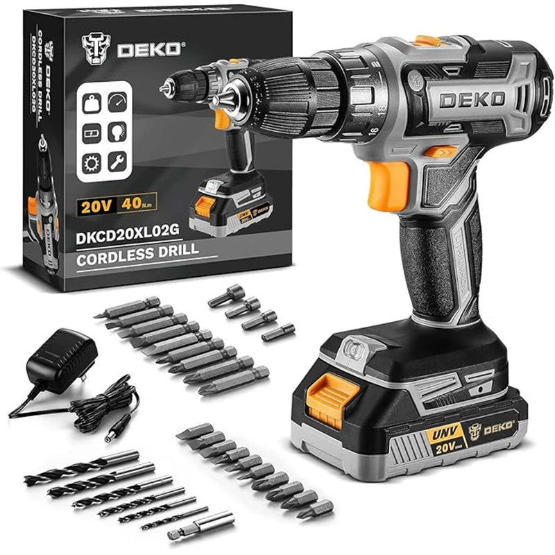 DEKO 20V Cordless Drill Driver Kit with Battery and Charger