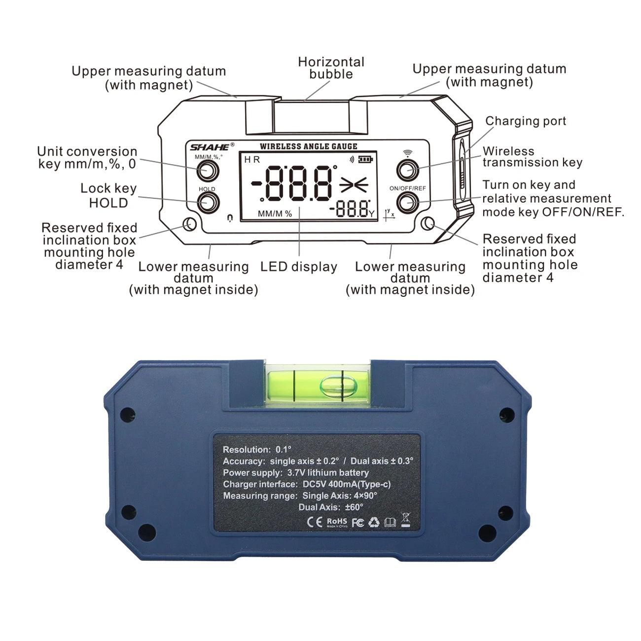 SHAHE MINI Magnetic Level Gauge Inclinometer Rechargable Angle Protractor Dual Axis Digital Angle Finder With Level bubble 