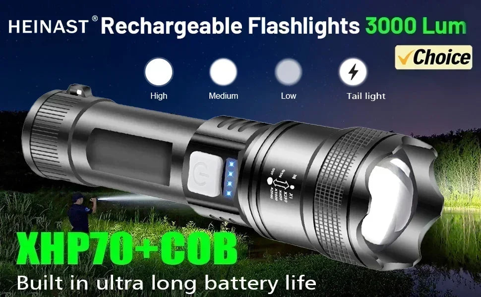 COB LED Work Light Dimmable USB Rechargeable LED Flashlight Inspection Lamp With Magnetic Hook Power Bank 18650 Battery Torch 