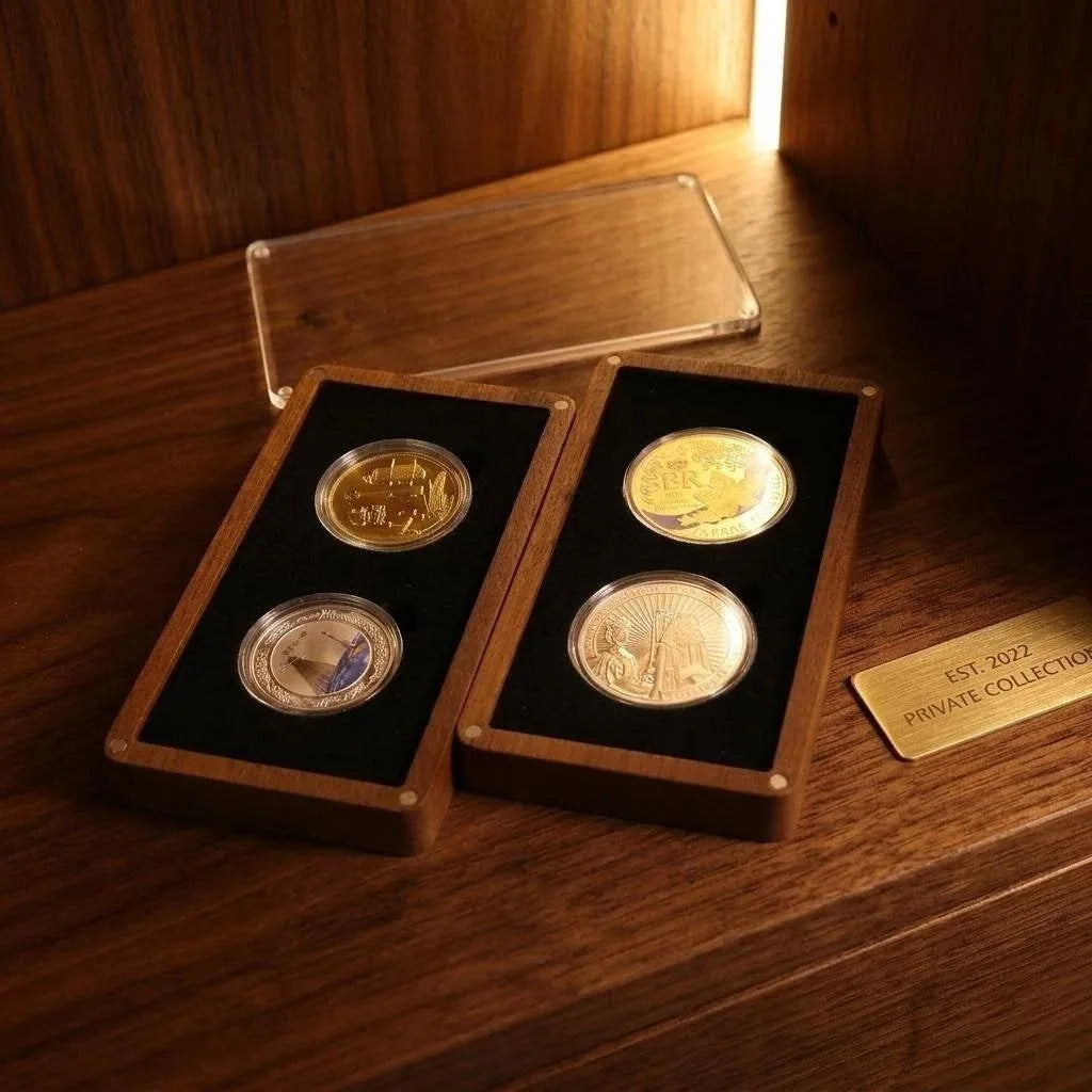 Expositor transparente de madeira para moedas e caixa de oferta