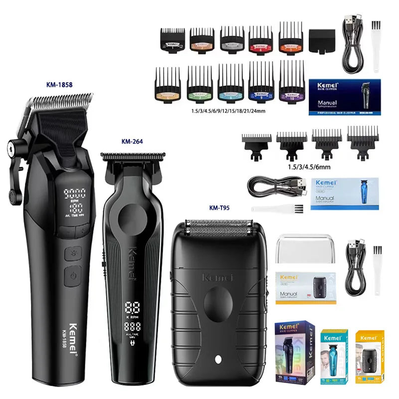 Kemei KM-1858 9000RPM 10W Hair Clipper,KM-264 Rechargeable Electric Trimmer,Original KM-T95 Shaver For Men Barber Clippers Kit 