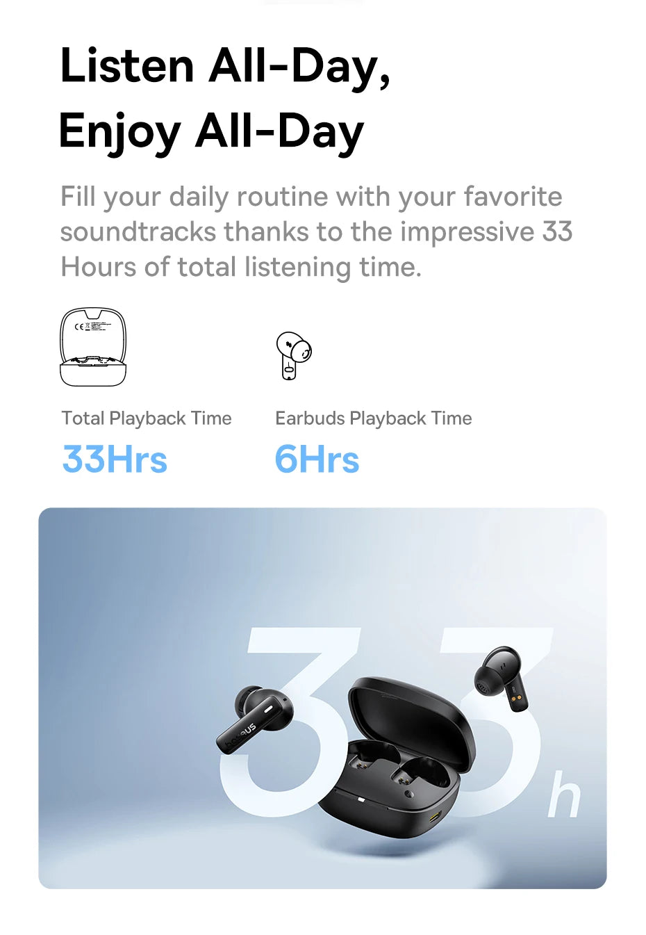 Baseus Bowie E19 Wireless Earphones Bluetooth 5.3 Big Bass 12mm Drivers IPX5 Waterproof Earbuds 33Hrs Battery Life Headphones 