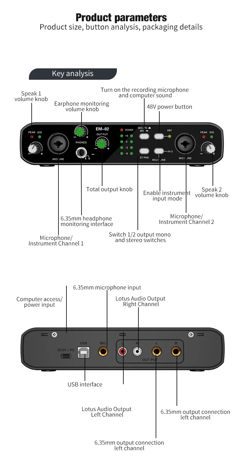 EM-02 USB Audio Interface met Microfoonvoorversterker