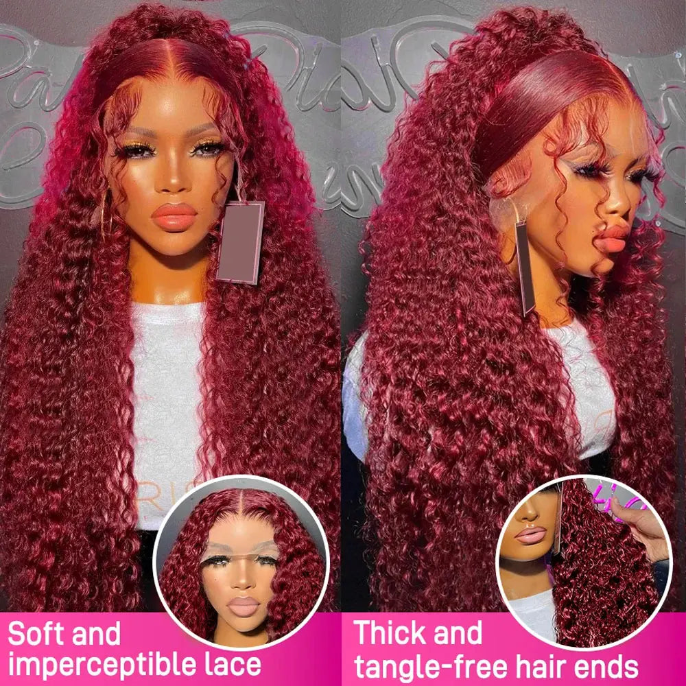 Peruca de Cabelo Humano com Frente de Renda 13x4, Ondas Profundas, Borgonha, 30 Polegadas