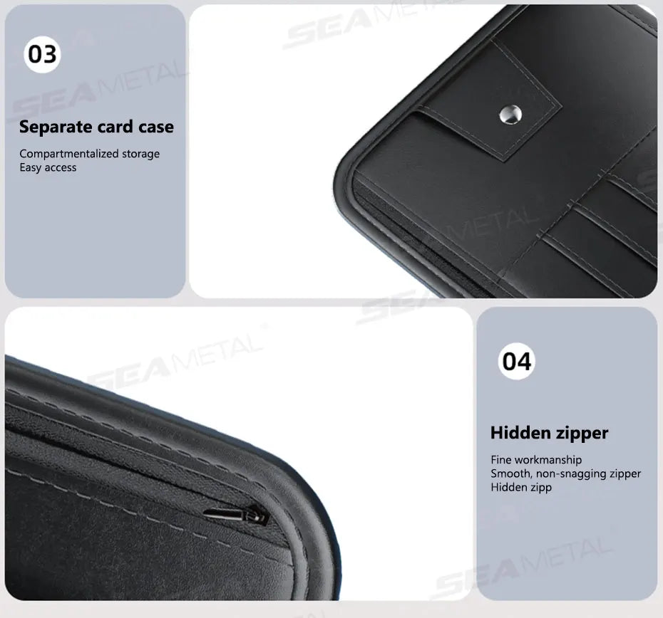 SEAMETAL 9 in 1 Sun Visor Organizer for Car PU Leather Zipper Storage Bag Net Pouch Auto Storage Pocket with Glasses/Card Holder