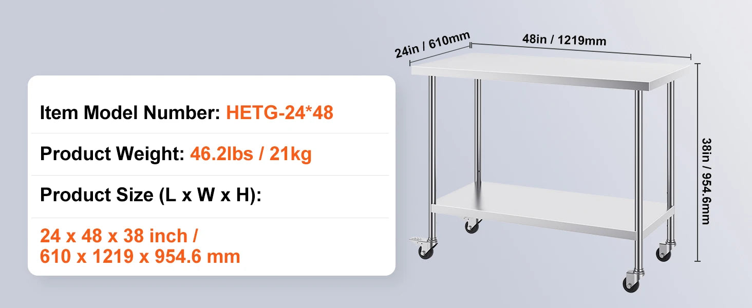 RVS Werktafel met Wielen, Verstelbare Plank, Draagvermogen 500 lb