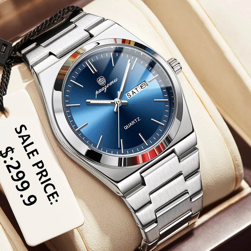 PENGAGAR Luxury Sport Quartz Man Wristwatch Waterproof Luminous Date Week Men Watches Stainless Steel Men's Watch Male Reloj+box 
