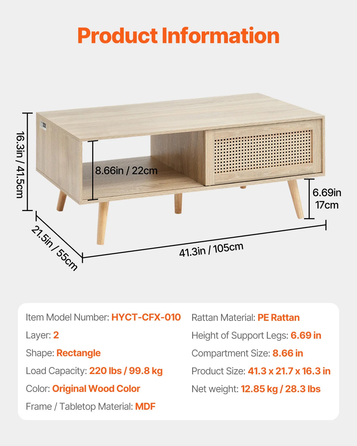 Rattan Coffee Table with Storage Shelf Boho Rectangle 42–47in