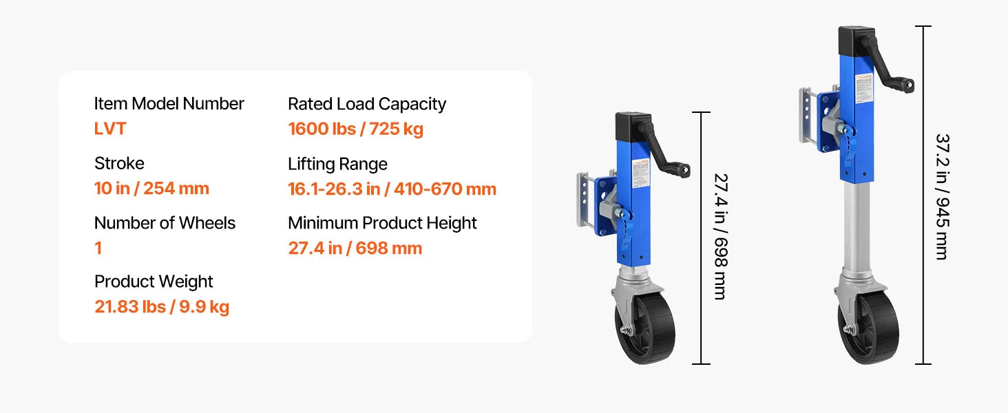 1600 lb Sidewind Trailer Jack with Wheel – Bolt-On, Adjustable Height