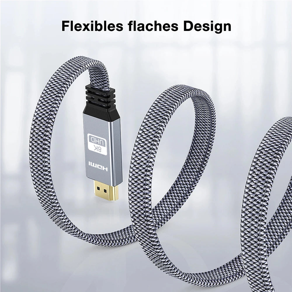 8K HDMI Flat Cable 48Gbps High Speed 8K60 4K120 144Hz Braided HDMI 2.1 Cord 3D EARC HDCP 2.2&2.3 Compatible with Roku TV/PS5