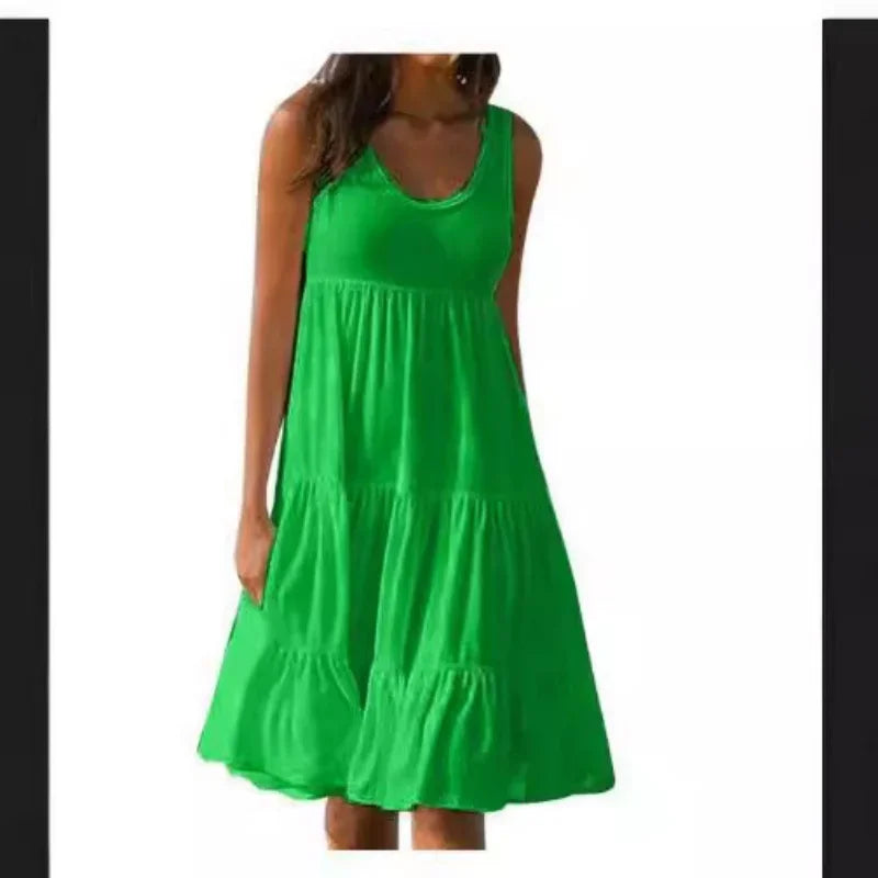 Bohemian Women's Casual O Neck Sleeveless Ruffle Mini Dress Solid Color Beach Tank Top Oversized Loose Dress Plus Size Women3029 