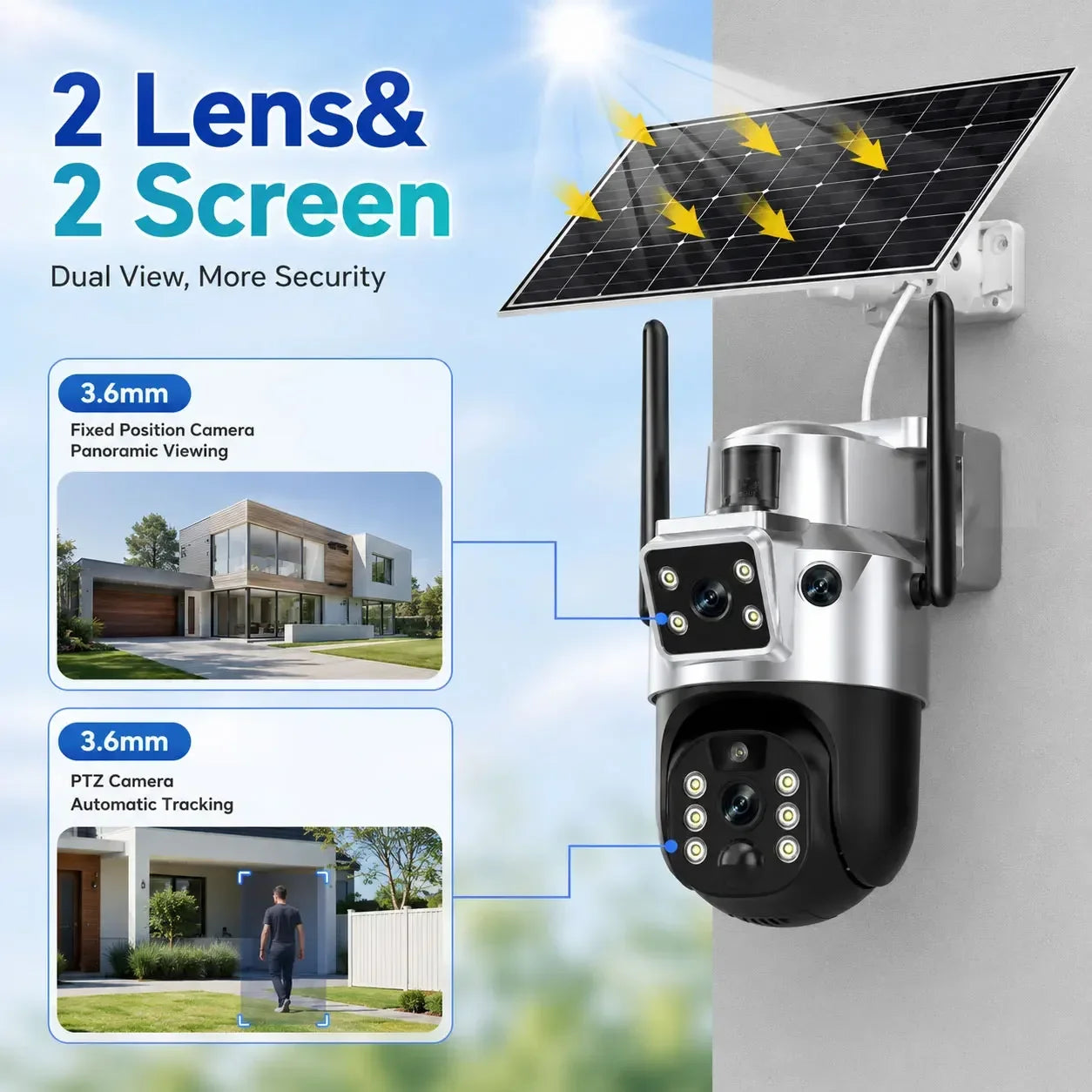 8MP Outdoor PTZ Security Camera Solar WiFi Dual Lens