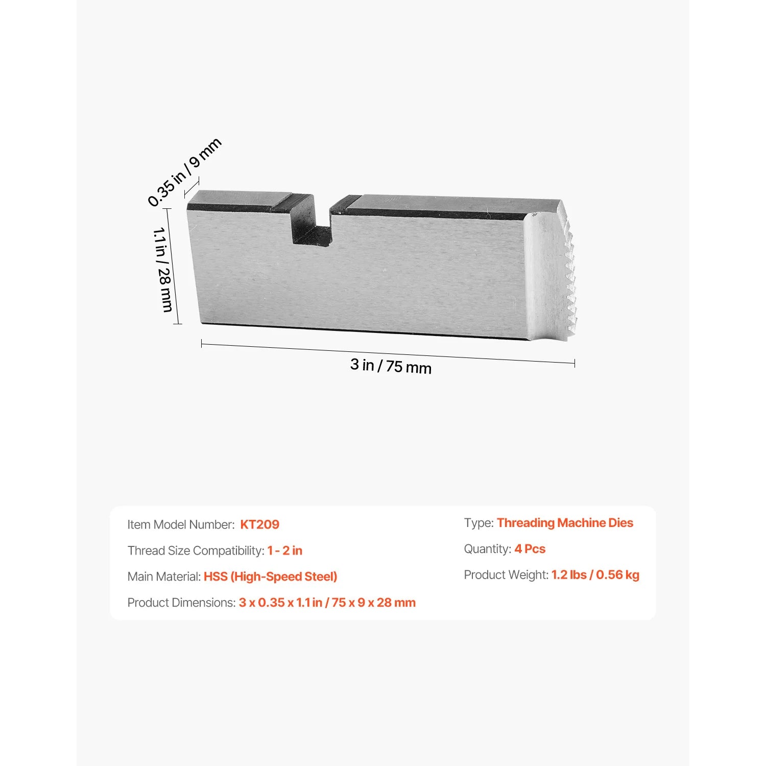 Set de filiere pentru țeavă NPT de 1–2 inch (4 bucăți) HSS cu filetare pe partea dreaptă
