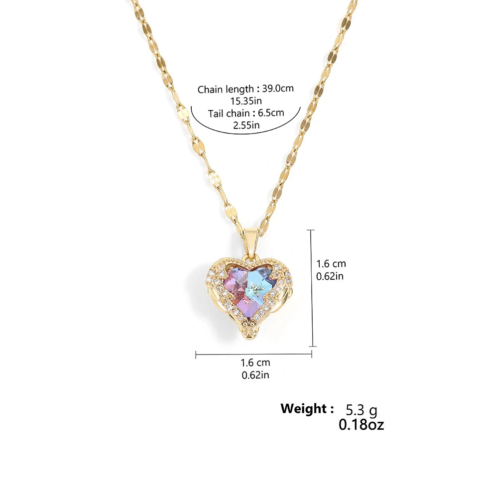ZAKOL Gorgeous Colorful Zircon Love Heart Pendant Necklace For Women Fashion Stainless Steel Neck Chain Jewelry Gift 