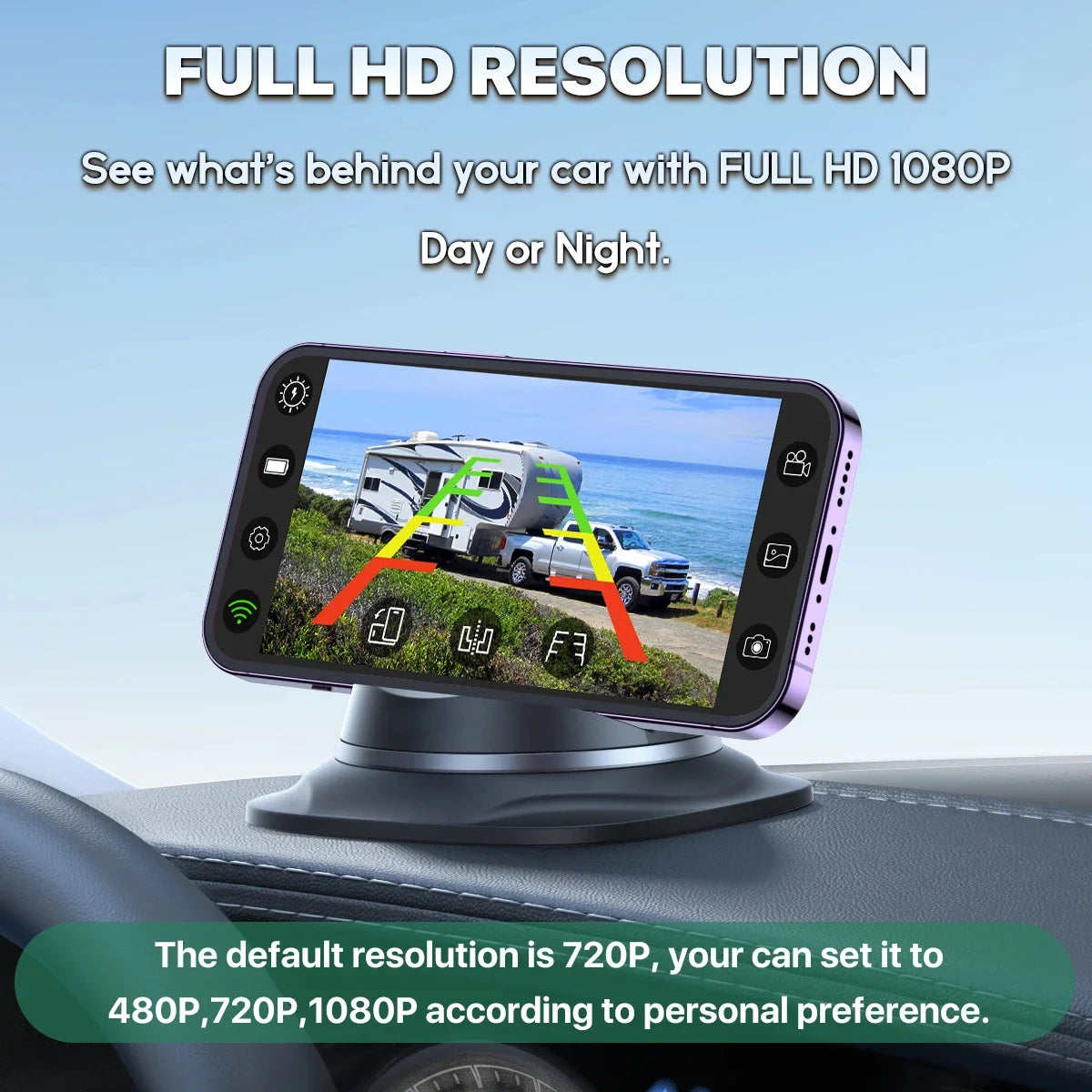 GreenYi Wireless Solar Energy 5G WiFi HD 1080P Rear/Front License Camera with Built-in 4800mAh Battery for iPhone For Car Van RV 