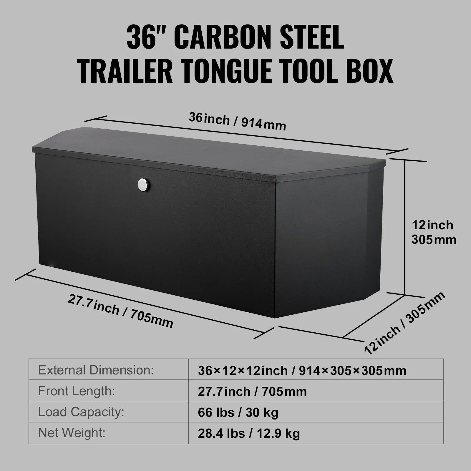 Coffre de rangement robuste en aluminium pour timon de remorque 33"