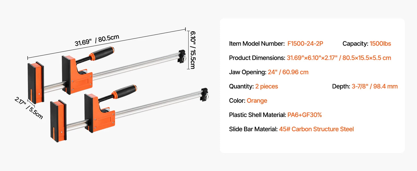 SucceBuy bøjle-klemmer 2 stk. 50" parallelle klemmer sæt F-klemme med belastningsgrænse 1100 lbs højstyrke plast og kulstofstål træklamp