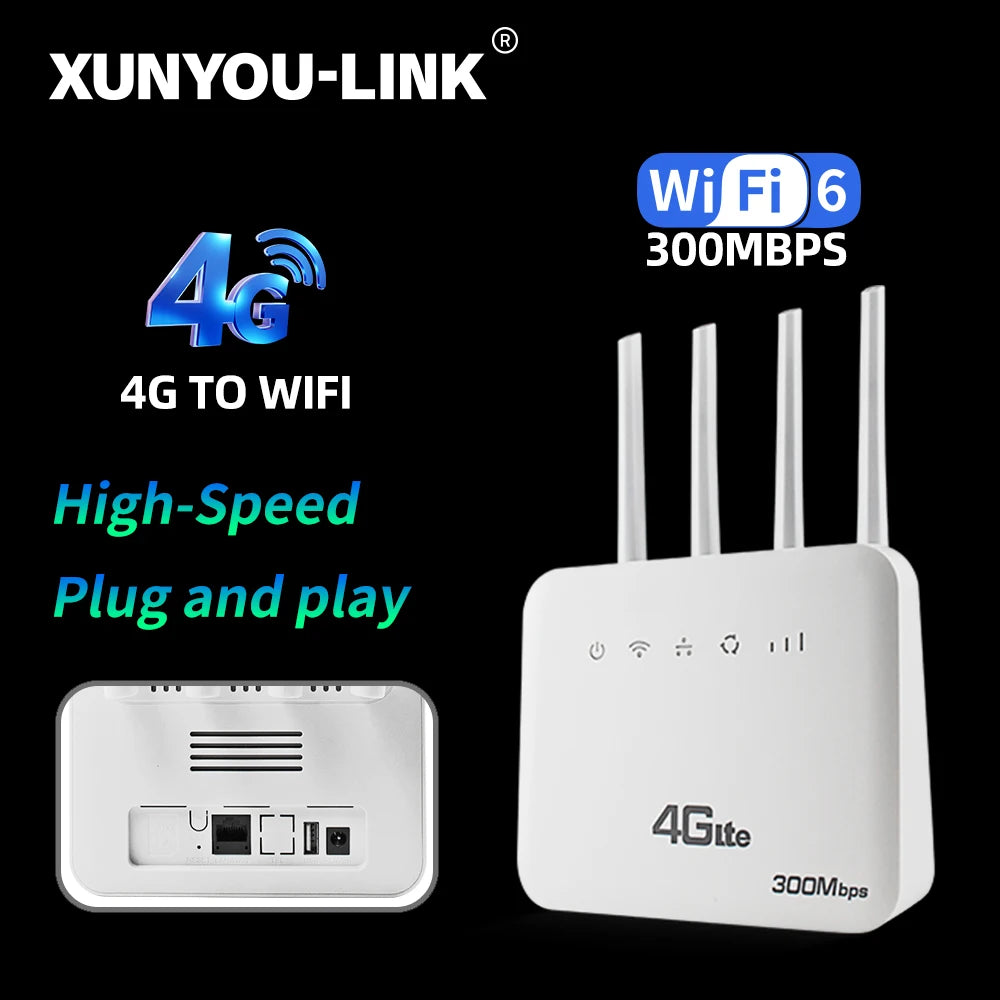 4G LTE WiFi 6 Router 300Mbps SIM Modem for 32 Devices