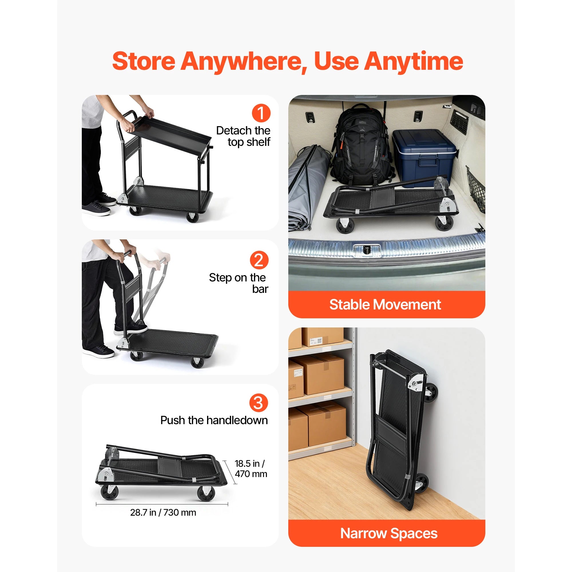 SucceBuy 700 lbs 2 Tier Foldable Heavy Push Cart Dolly Platform Hand Truck with Wheels Moving Flatbed Cart for Warehouse Garage