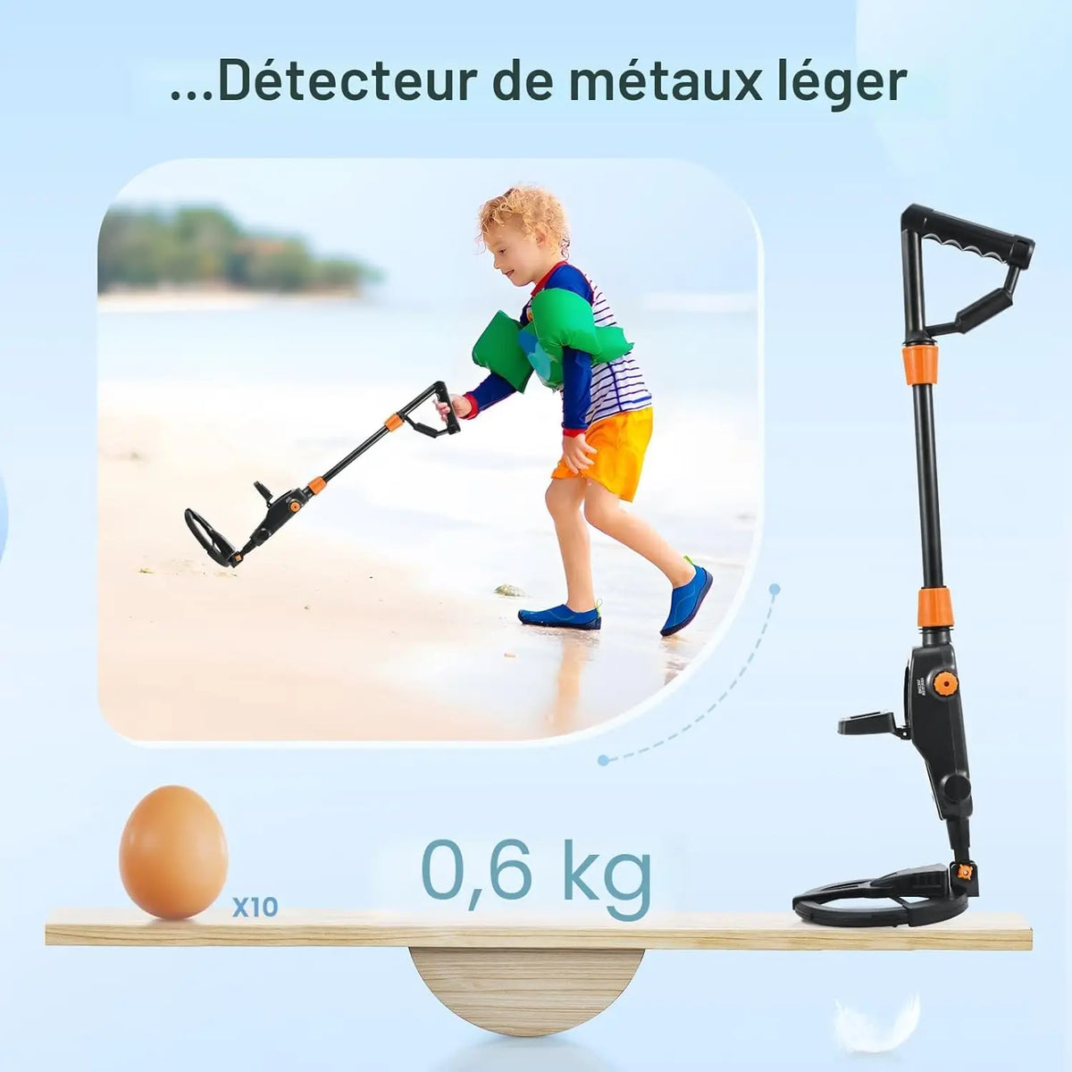 Détecteur de Métal Léger pour Enfants avec Écran LCD et Son, Détecteur de Métaux pour Enfants, Batterie IP68 enrouleur