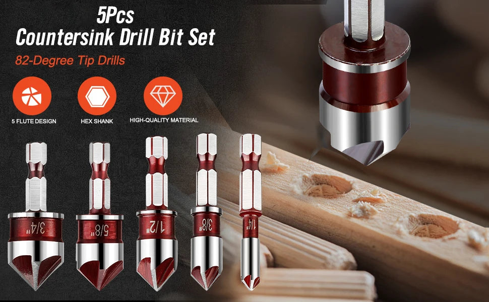 5Pcs Countersink Drill Bit Set With Drill Bit 82-Degree 5 Flutes Quick-Change Hex Shank Counter Sink Bits For Wood Metal Plastic
