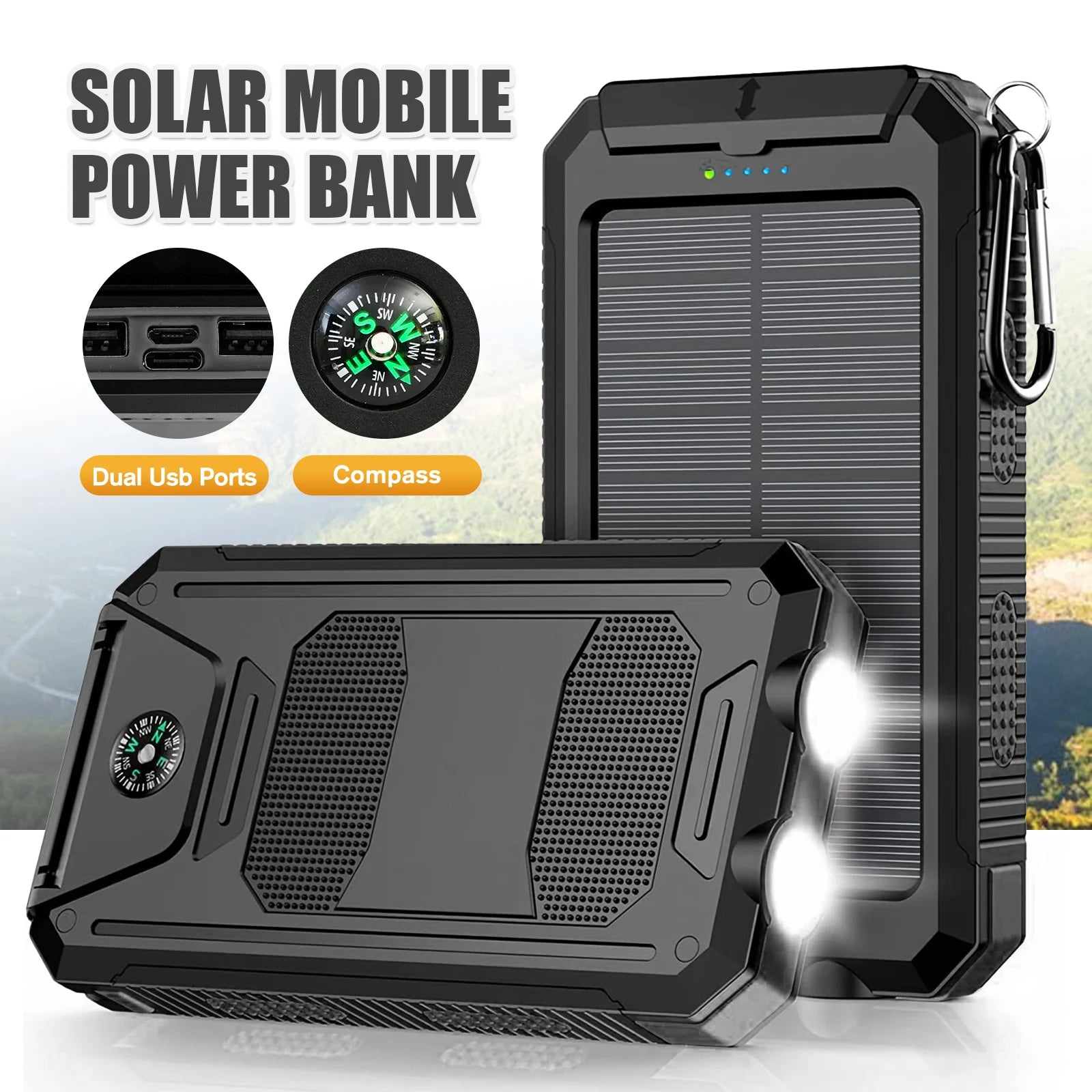 Solarni power bank 10000mAh s dvostrukim USB priključkom, LED svjetiljkom i vodootpornim dizajnom