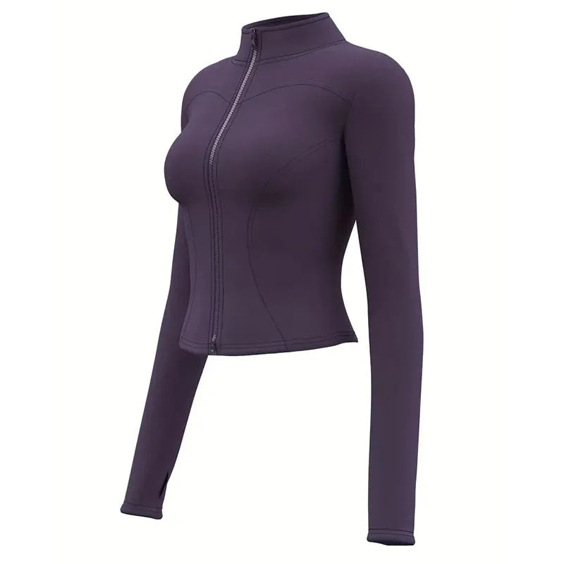 Women's Zip-Up Running Jacket Lightweight Stretchy Running Track Jacket with Thumb Holes, High Neck, Breathable Yoga Sportwear 