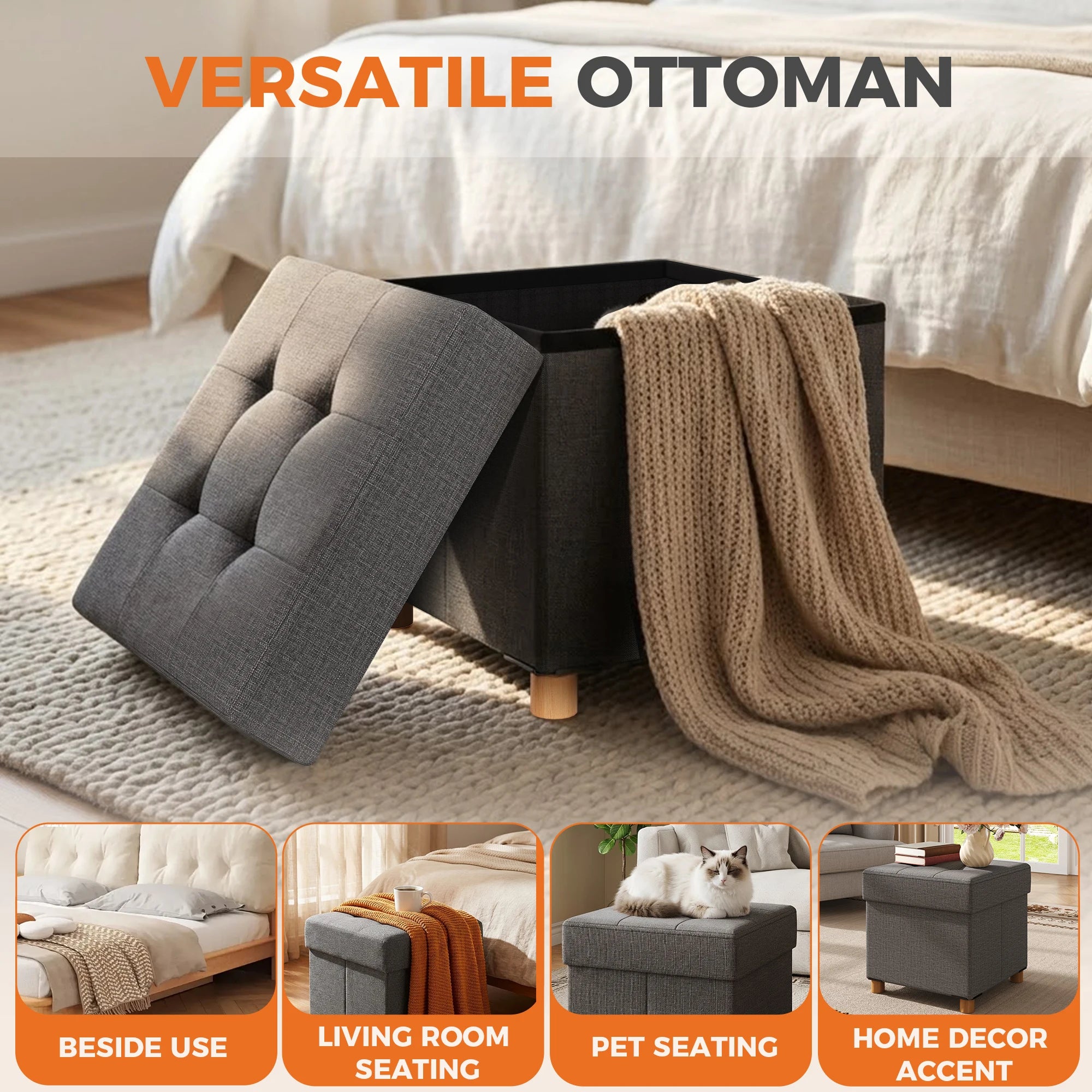 15" Cube Storage Ottoman Bench with Hidden Storage & Seating