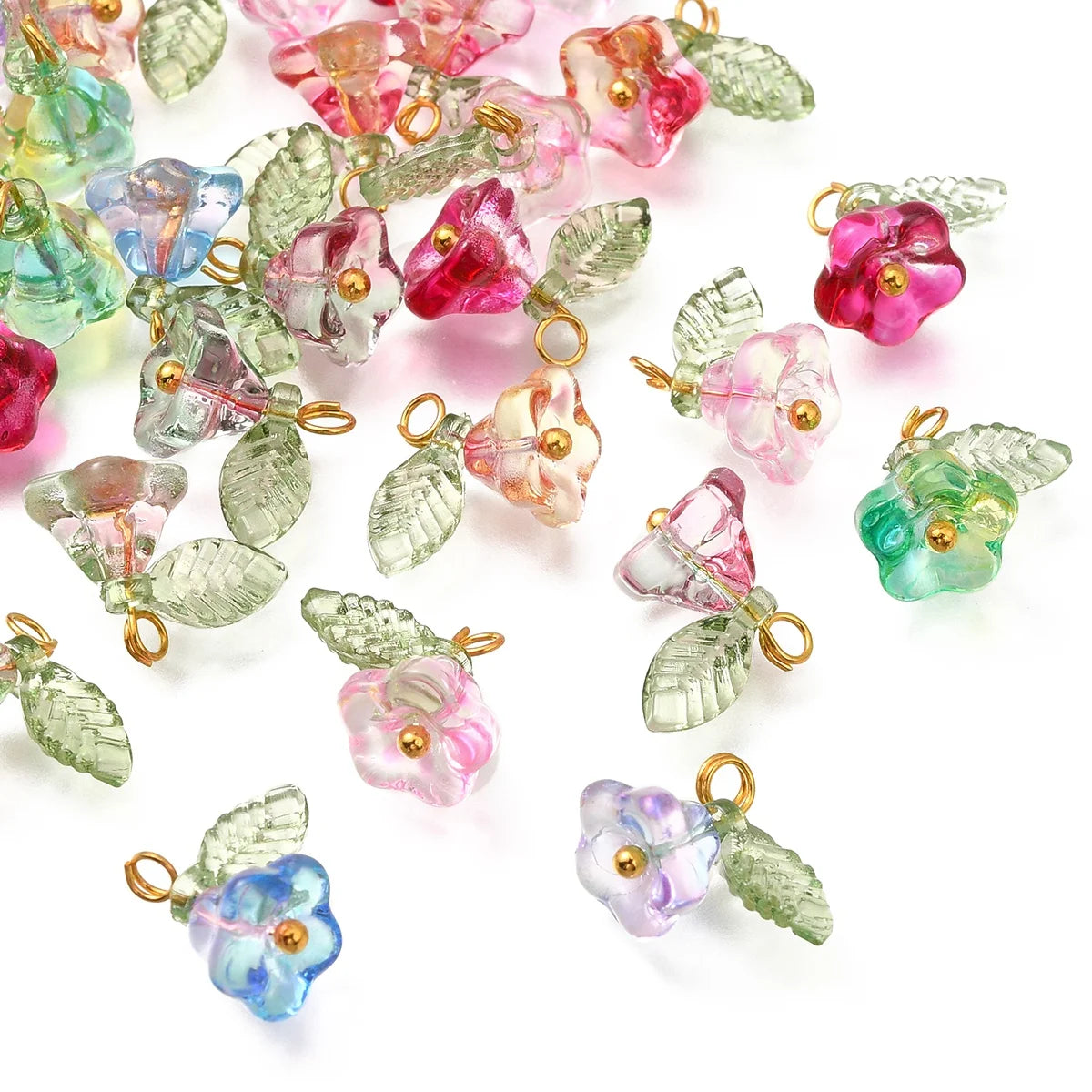 30 Glass Flower Charms in Six Colours