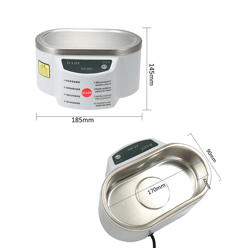Ultraäänipuhdistin 40 kHz 30 W kylpy lasille, hammasproteeseille ja koruille