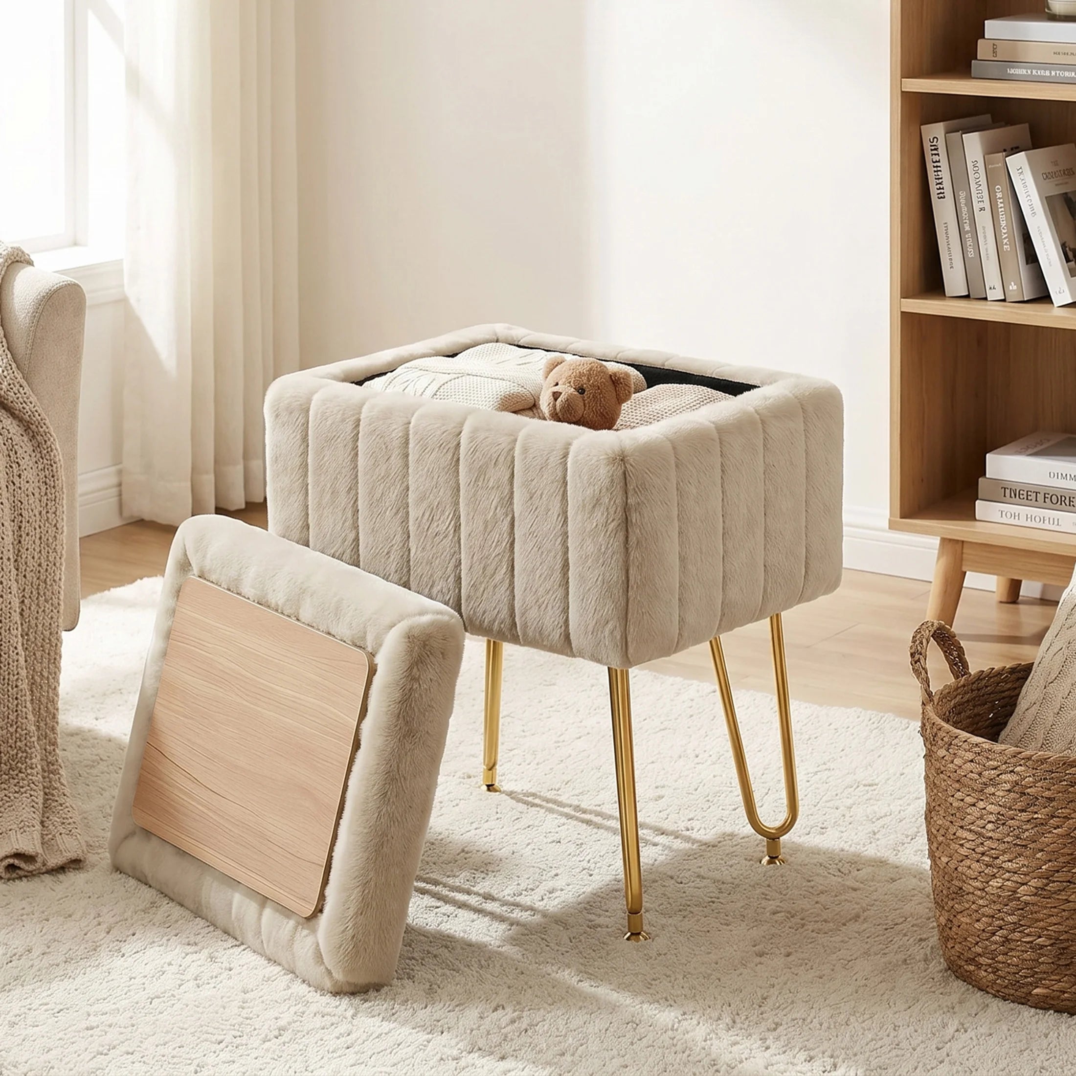 Faux Fur Vanity Stool with Hidden Storage and Metal Legs