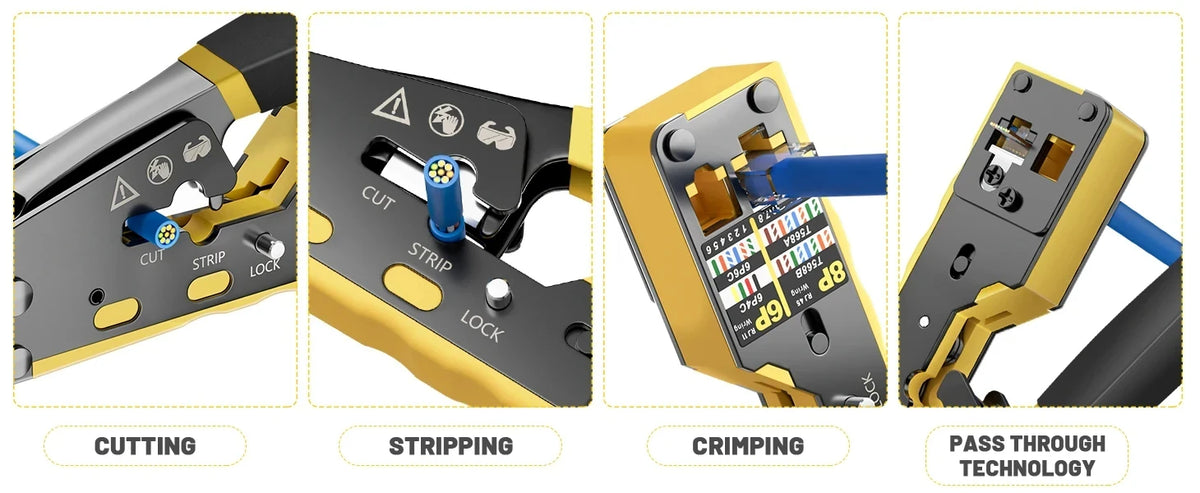 Pass-Through RJ45 Crimp, Cut and Strip Tool