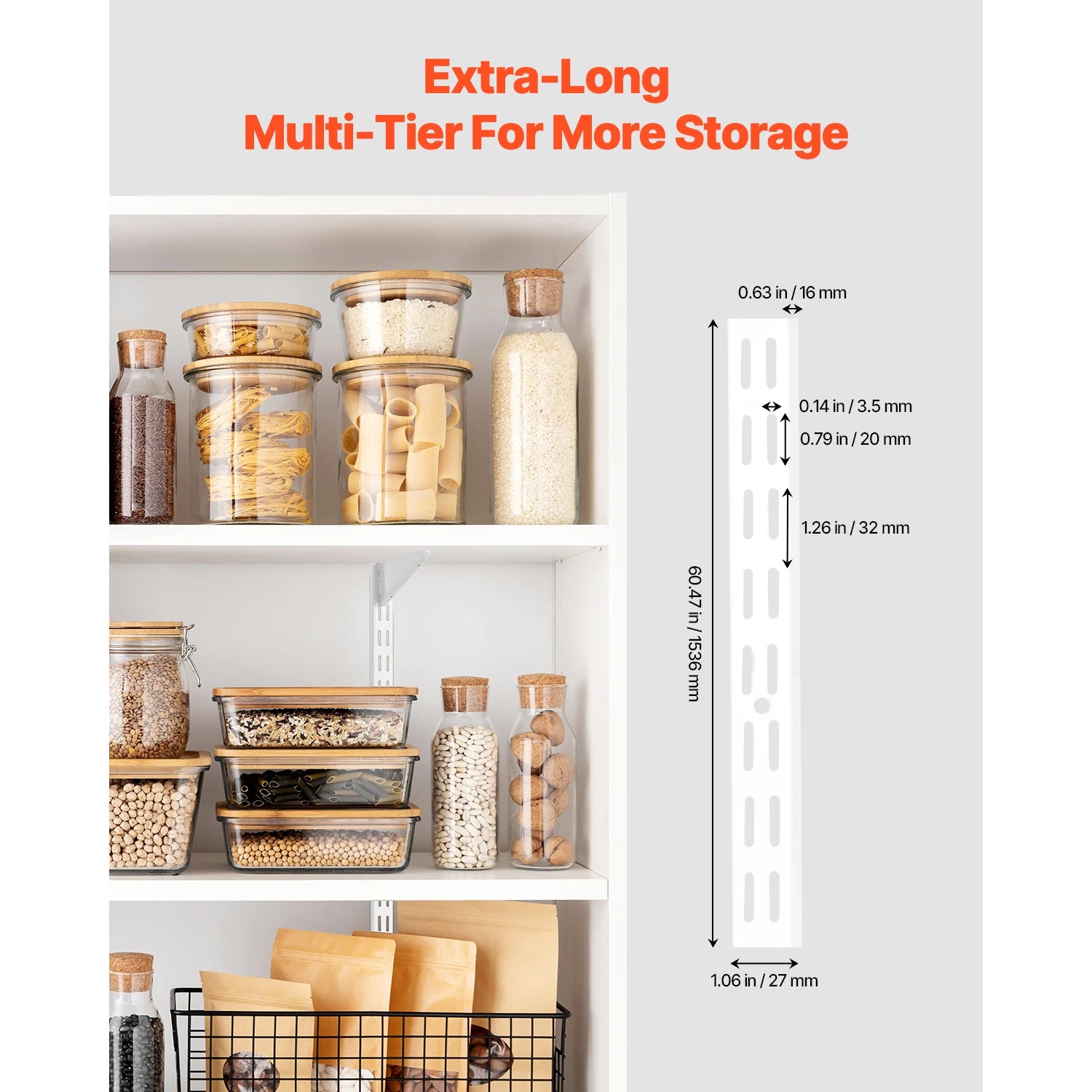60in Adjustable Wall Shelf Track System – 5pcs Dual Slot Rails