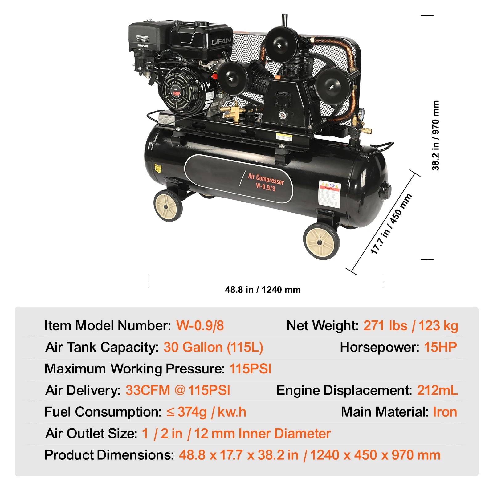 Compressore d’aria a gas 7HP/15HP SucceBuy, serbatoio per aria da 10/20/30 galloni, max pressione 115 PSI, per cantieri e officine.