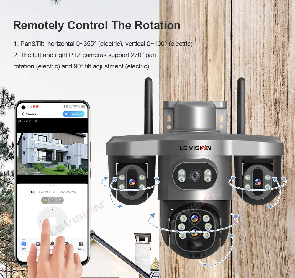Solar Security Camera 4 Lens 3 Screen 10x Optical Zoom 4G WiFi PTZ